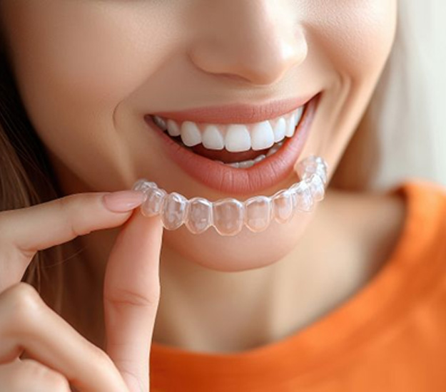 Woman holding Invisalign aligner close to her mouth