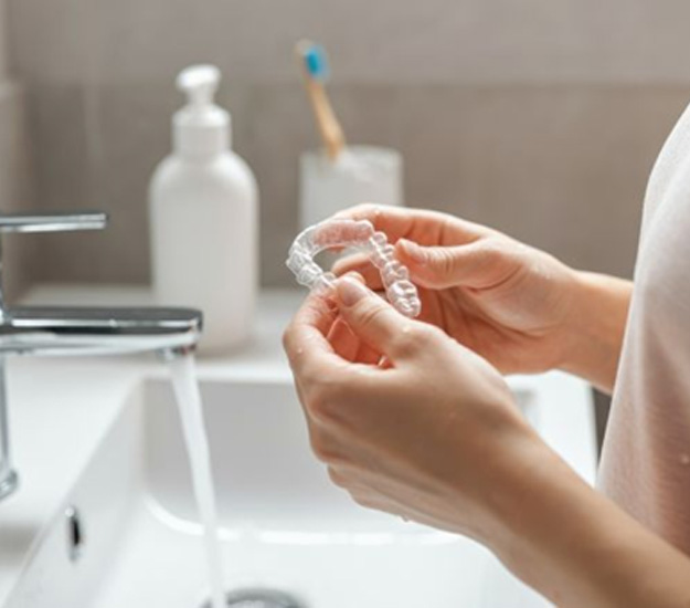 Woman standing at sink, holding her Invisalign aligner