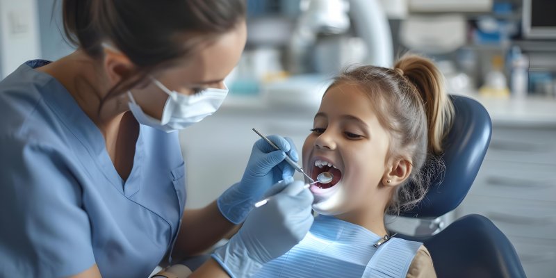 a young girl having her teeth checked at dentist’s office